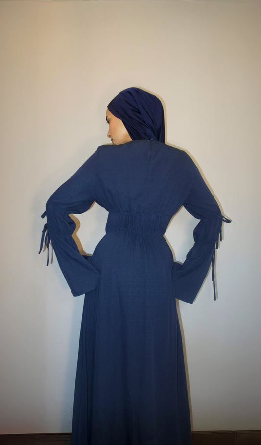 Denim Cuff Tie Maxi Dress Blue