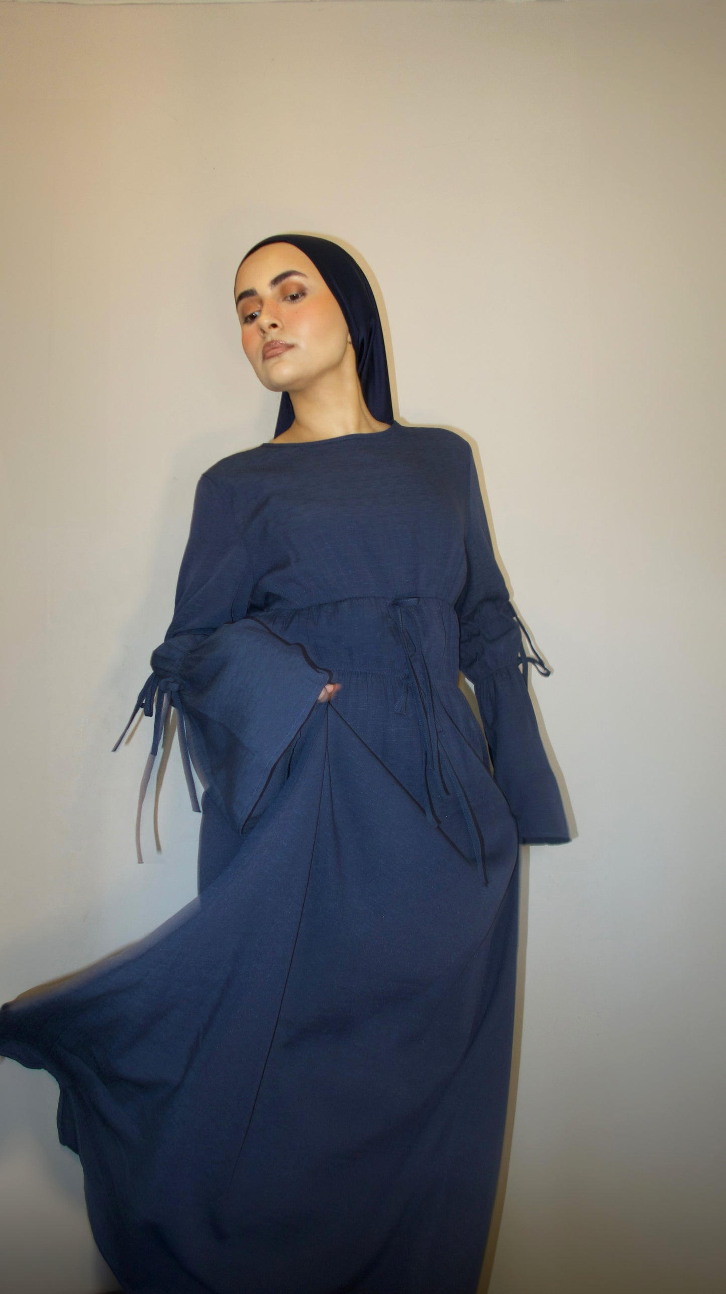 Denim Cuff Tie Maxi Dress Blue