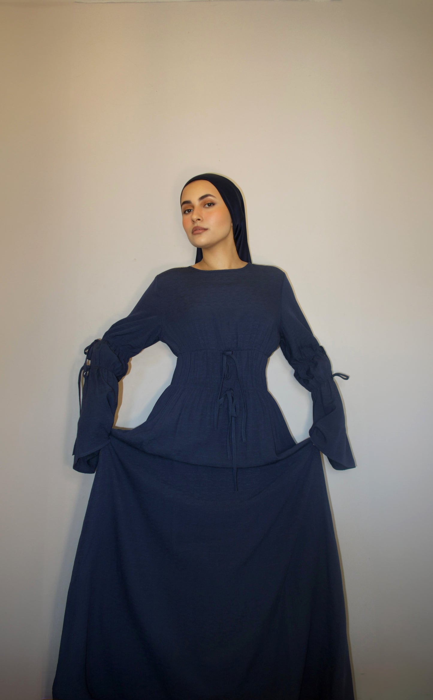 Denim Cuff Tie Maxi Dress Blue