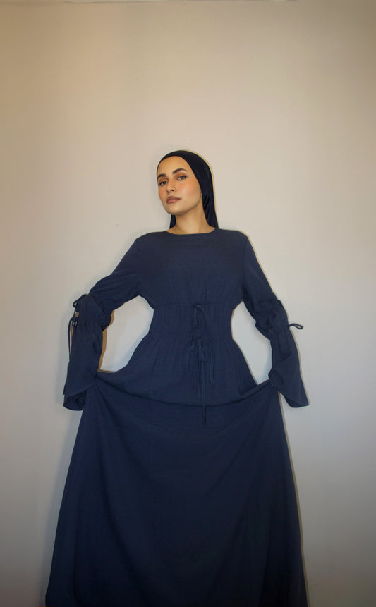 Denim Cuff Tie Maxi Dress Blue